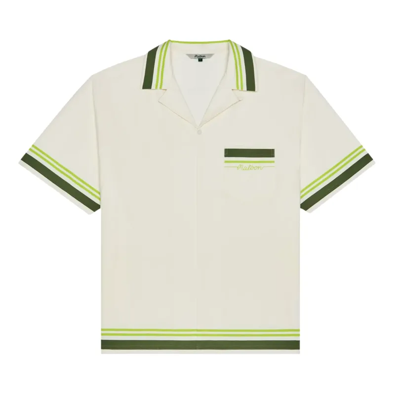 Front flat lay view of the Malbon Golf Ventura Camp Shirt in Cream featuring contrast green stripe detailing.