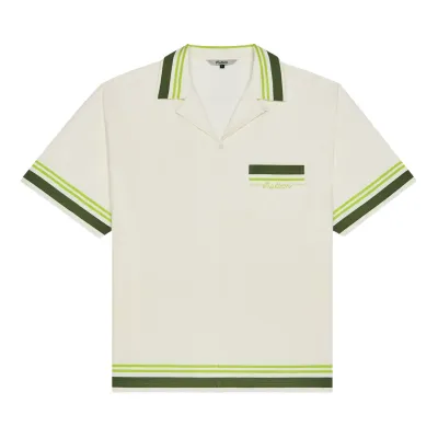 Front flat lay view of the Malbon Golf Ventura Camp Shirt in Cream featuring contrast green stripe detailing.