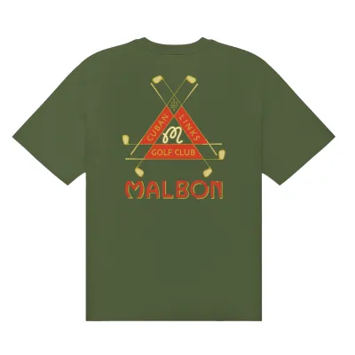 Back view of Malbon Golf Bermuda Trinity Tee in Chive with oversized Bermuda Trinity graphic and Malbon branding.