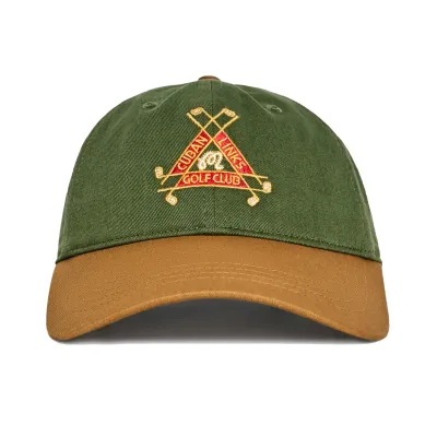 Malbon Golf Trinity Dad Hat in Chive with Cuban Links Golf Club embroidery and tan curved brim.