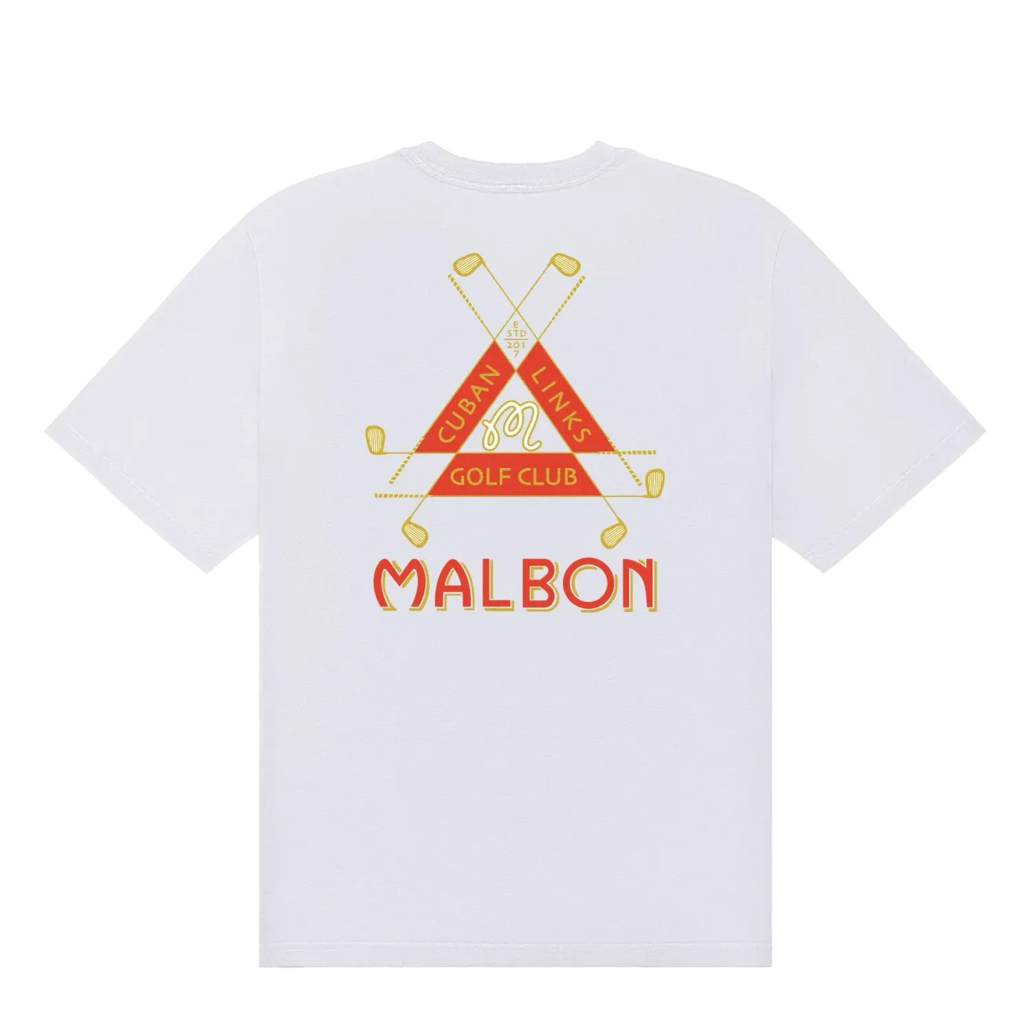 Back view of Malbon Golf Bermuda Trinity Tee in White featuring large Cuban Links Golf Club graphic artwork.