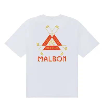 Back view of Malbon Golf Bermuda Trinity Tee in White featuring large Cuban Links Golf Club graphic artwork.