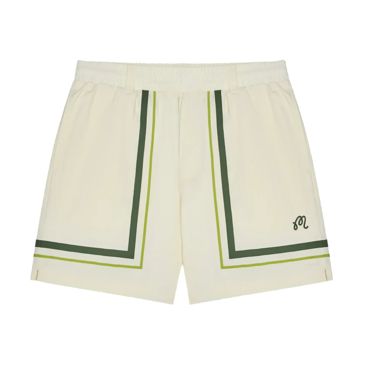 Front view of Malbon Golf Scooter Playa Short in Cream with signature stripe artwork.