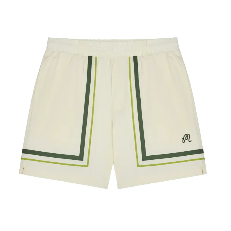 Front view of Malbon Golf Scooter Playa Short in Cream with signature stripe artwork.