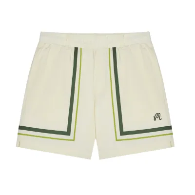 Front view of Malbon Golf Scooter Playa Short in Cream with signature stripe artwork.