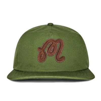 Malbon Golf Velasco Snapback Hat in chive green with brown leather appliqué logo and flat brim.
