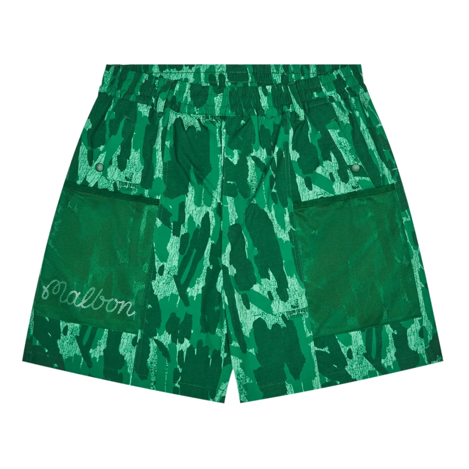 Front product image of Malbon Golf Mesh Basket Pocket Short showing mesh pockets and camo print.