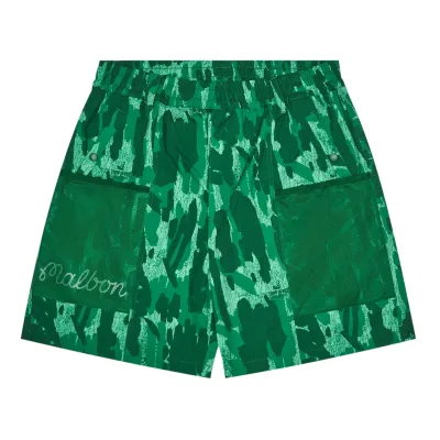 Front product image of Malbon Golf Mesh Basket Pocket Short showing mesh pockets and camo print.