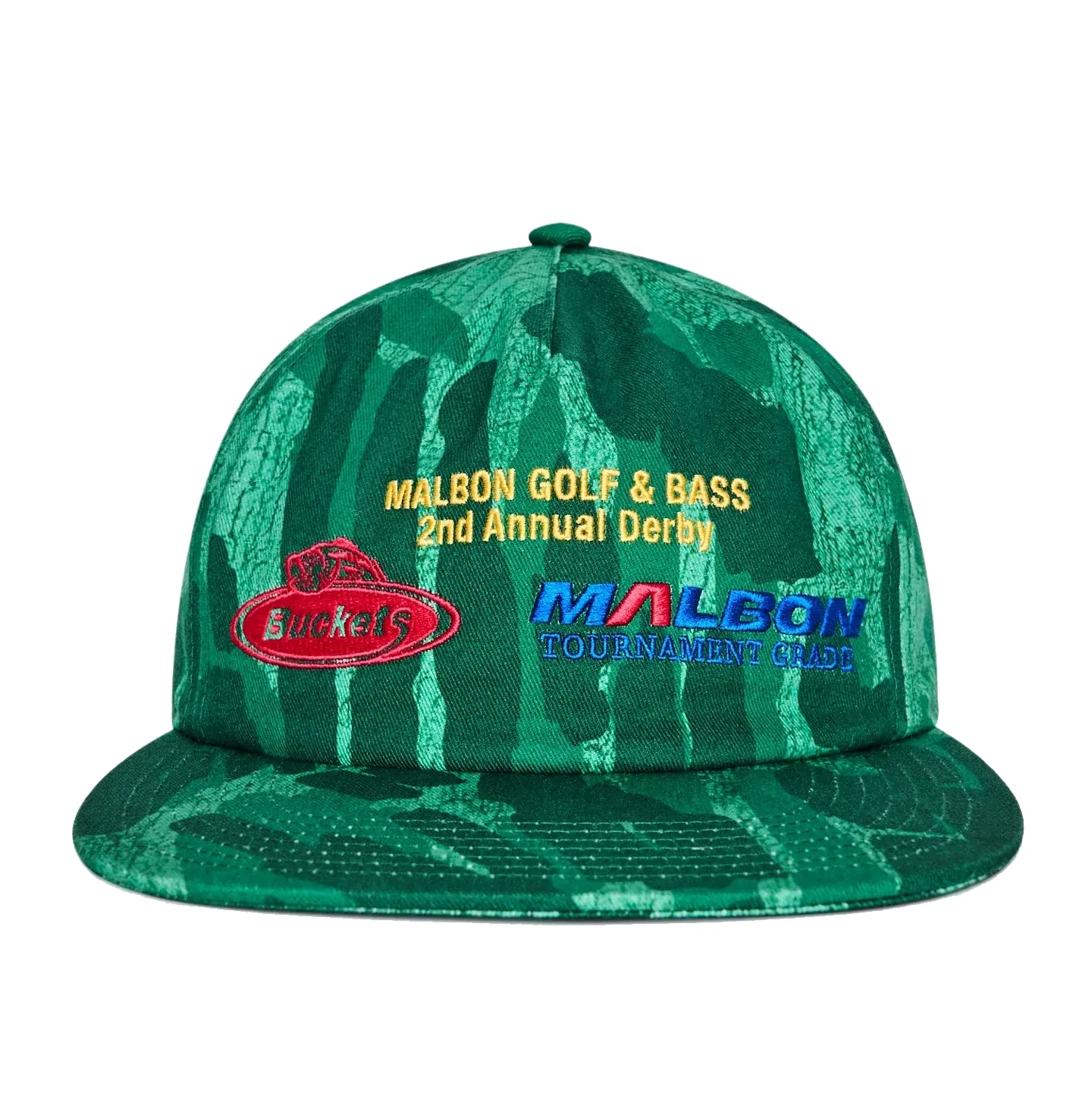 Front view of Malbon Golf Derby Snapback Hat showing Buckets, Derby, and Malbon logo embroidery.
