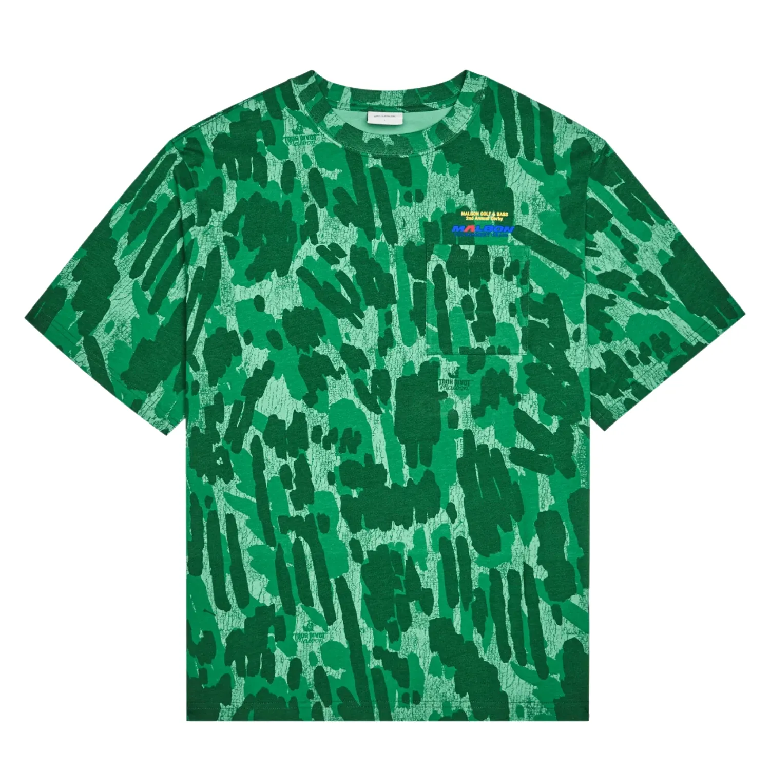 Front product image of the Malbon Golf Vista Derby Tee showing chest pocket graphic and camo print.