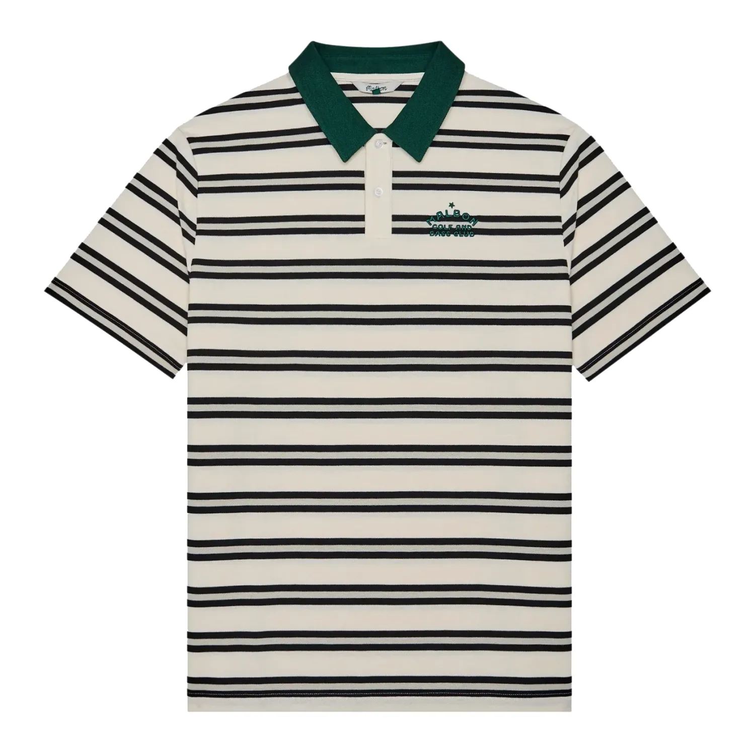 Front product image of the Malbon Golf Fairway Bass Club Polo in Ivory Stripe showing the all-over stripes, contrast collar, 