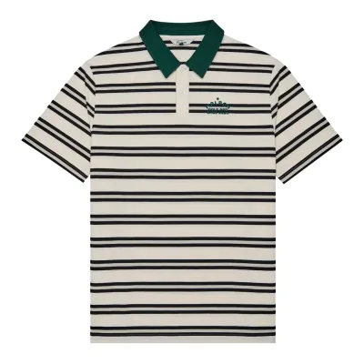 Front product image of the Malbon Golf Fairway Bass Club Polo in Ivory Stripe showing the all-over stripes, contrast collar, 