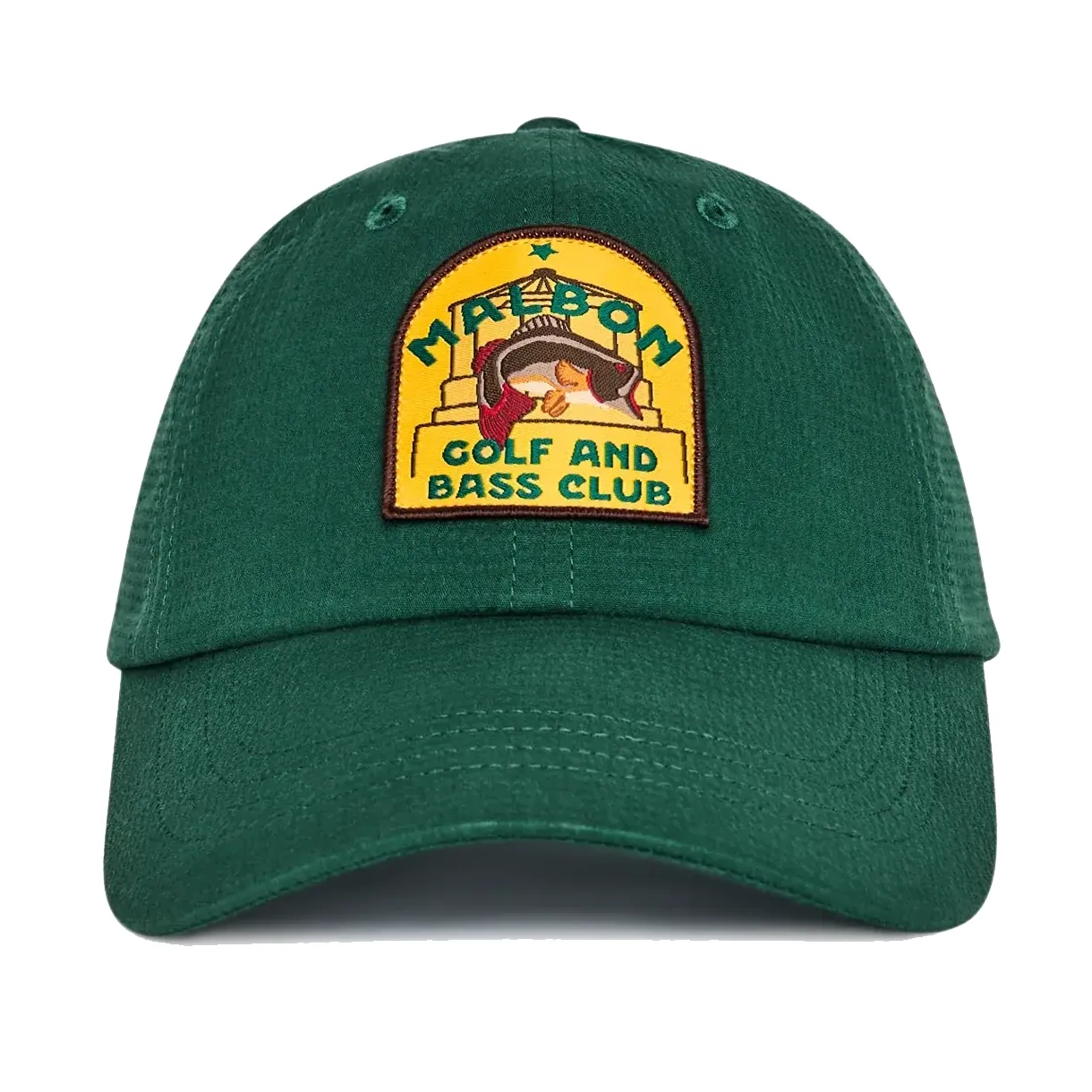 Front view of the Malbon Golf Bass Club Dad Hat in Forest showing the colorful Golf and Bass Club patch and curved brim.