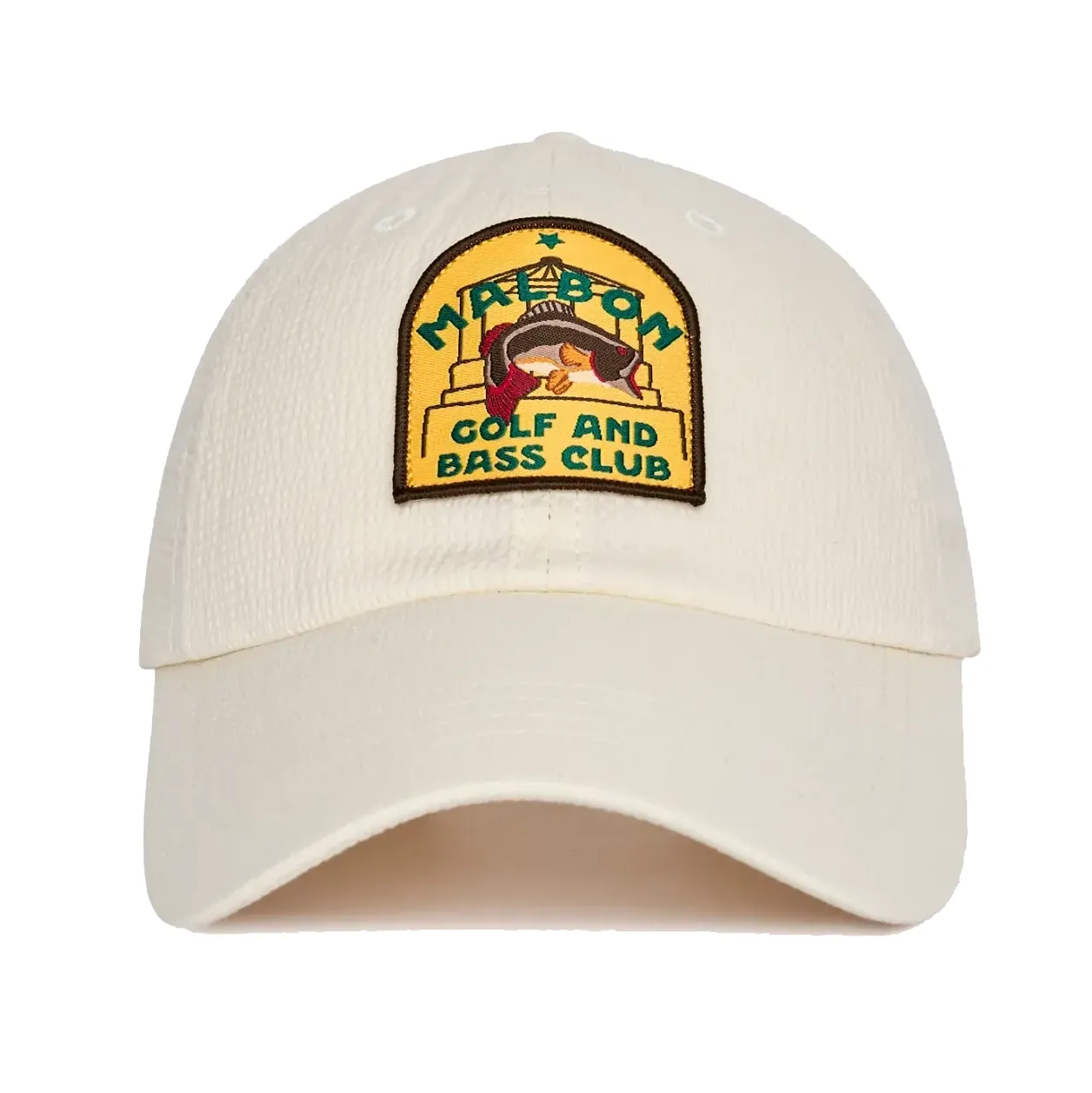 Front view of the Malbon Golf Bass Club Dad Hat in Ivory showing the colorful Malbon Golf and Bass Club patch.