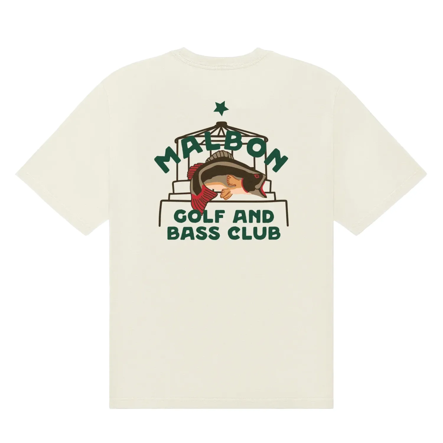 Back product image of the Malbon Golf Vista Bass Club Tee in Ivory showing the large Malbon Golf and Bass Club artwork.