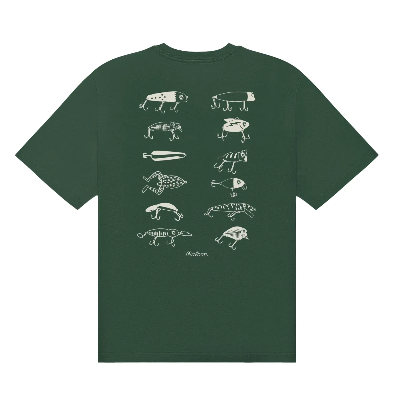 Back product image of the Malbon Golf Bermuda Lures Tee in Forest showing multiple white lure graphics and Malbon branding.