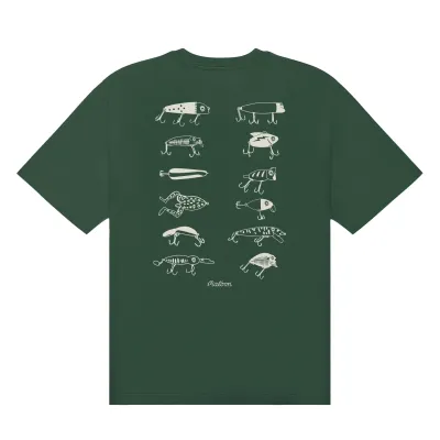 Back product image of the Malbon Golf Bermuda Lures Tee in Forest showing multiple white lure graphics and Malbon branding.