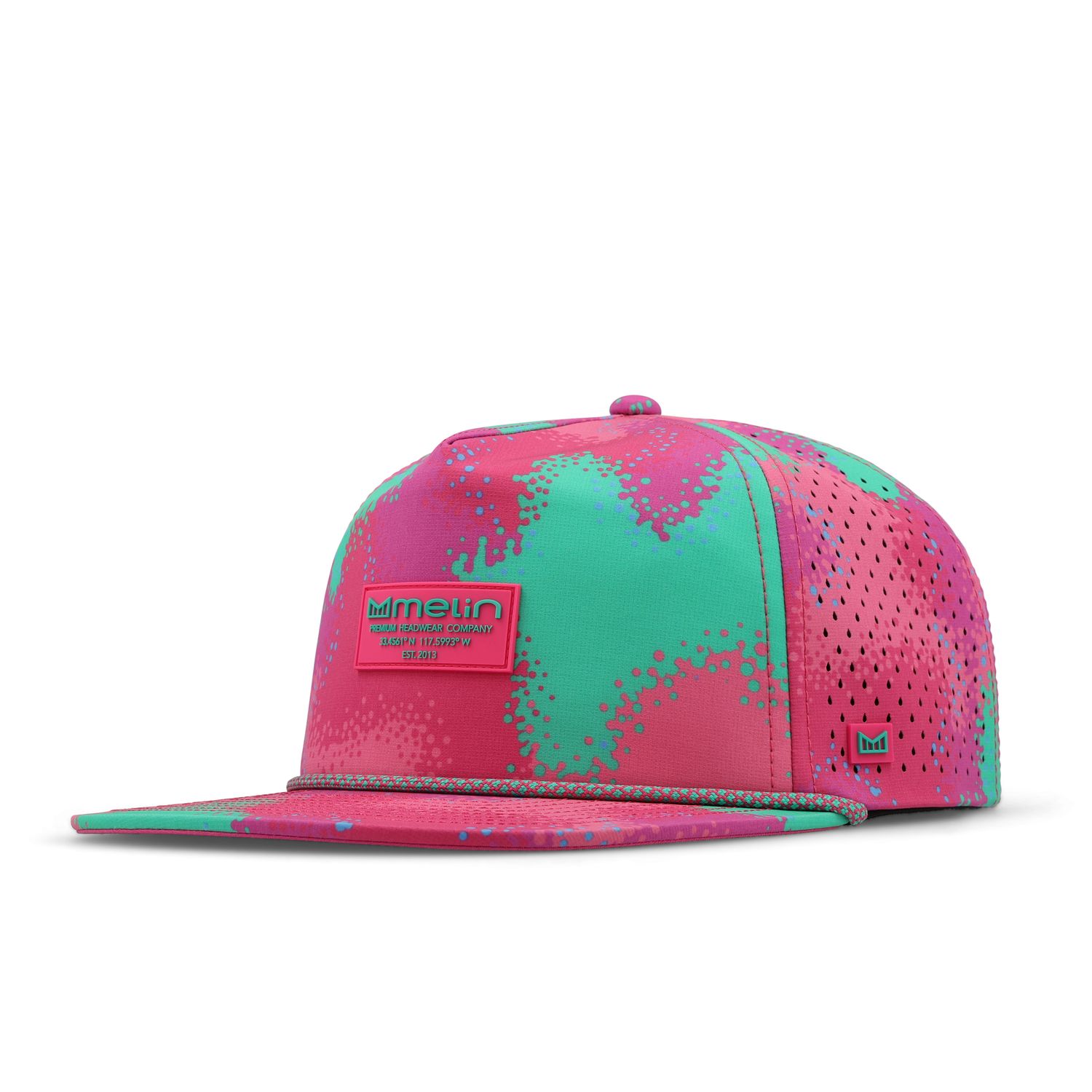 Melin Coronado Brick HYDRO Snapback Hat in Mosaic Drift Bright Teal with pink and teal pattern.