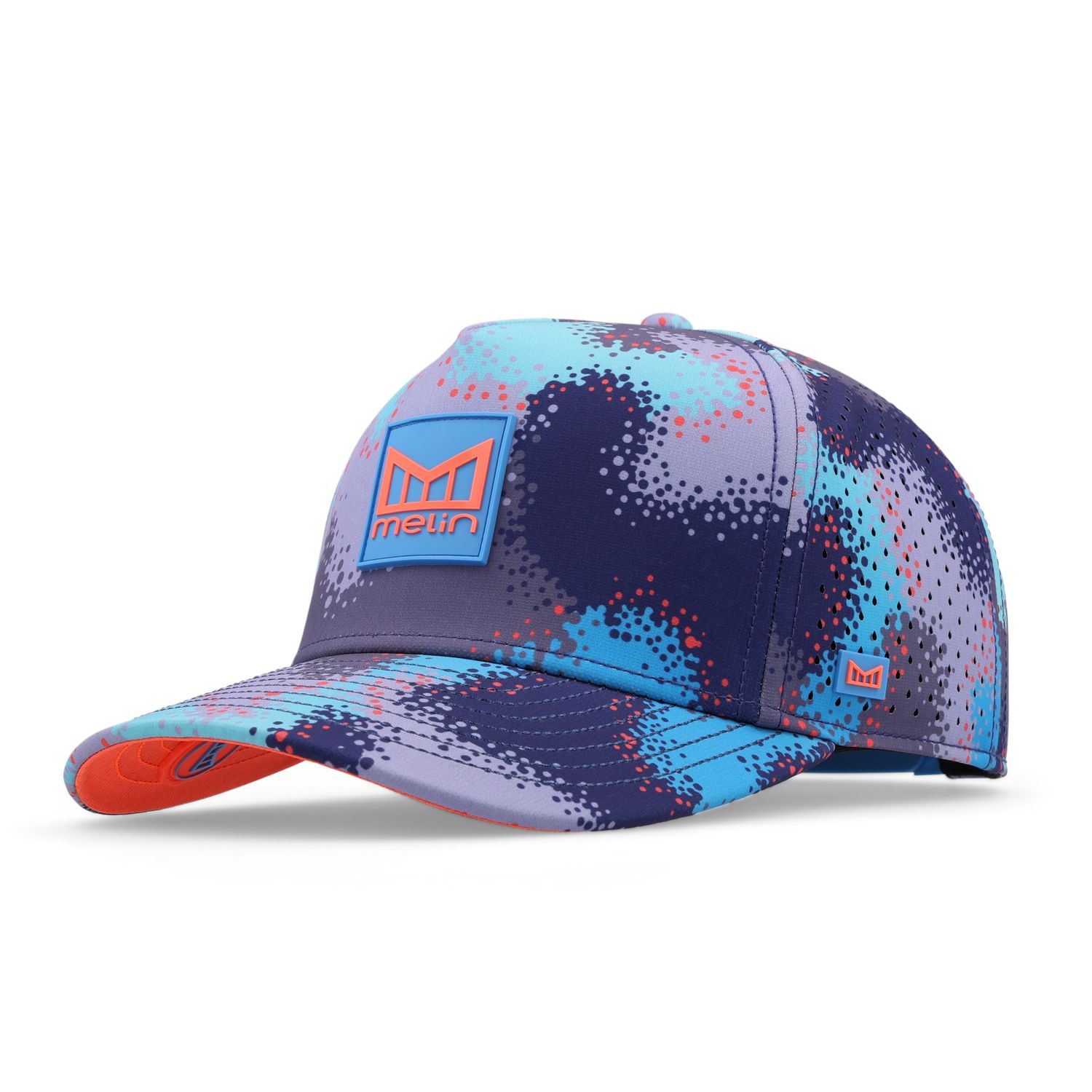 Melin Odysea Stacked HYDRO Hat in Mosaic Drift Purple Haze with blue and orange patch logo.