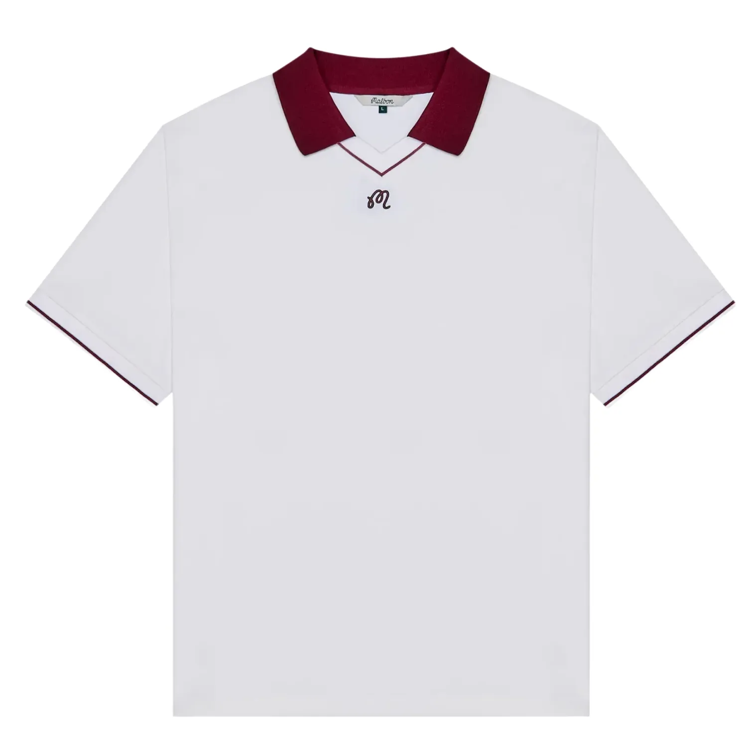 Malbon Golf Barrio Polo in Bright White shown from the front with burgundy collar and chest logo.