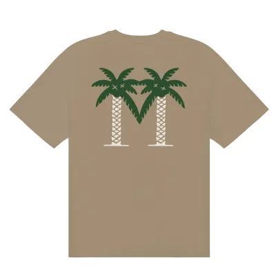 Malbon Golf Bermuda Palms Tee in Taupe shown from the back with green and white palm artwork.