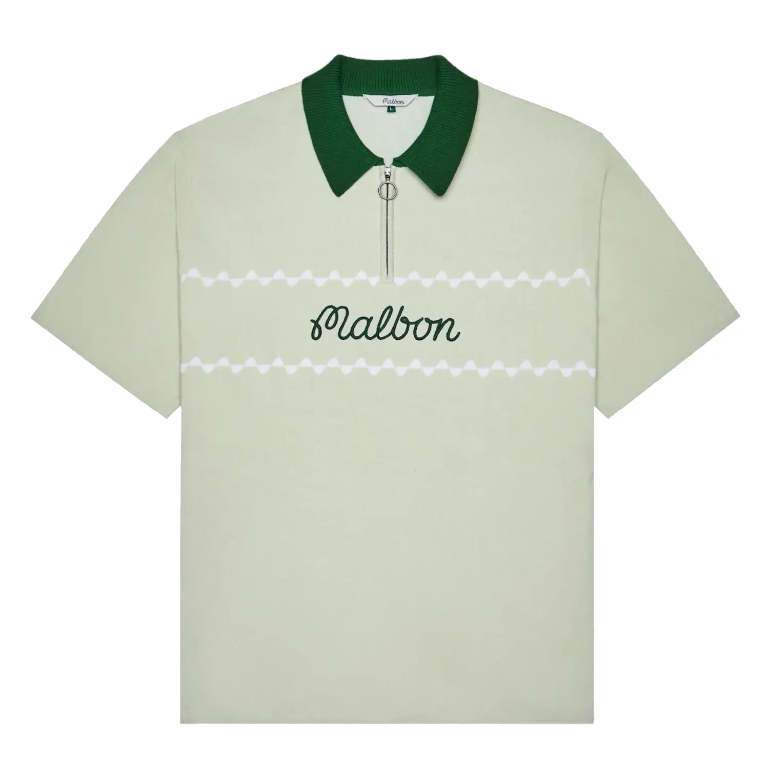 Flat lay of Malbon Benny Polo in green tint with rib collar and chest logo.