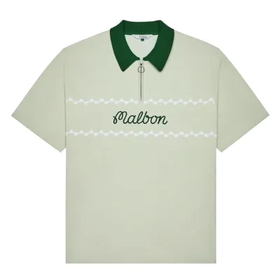 Flat lay of Malbon Benny Polo in green tint with rib collar and chest logo.
