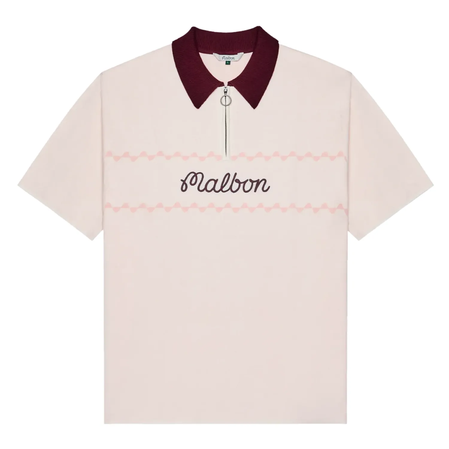 Flat lay of Malbon Benny Polo in whisper white with burgundy collar.