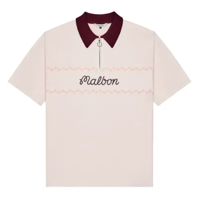 Flat lay of Malbon Benny Polo in whisper white with burgundy collar.