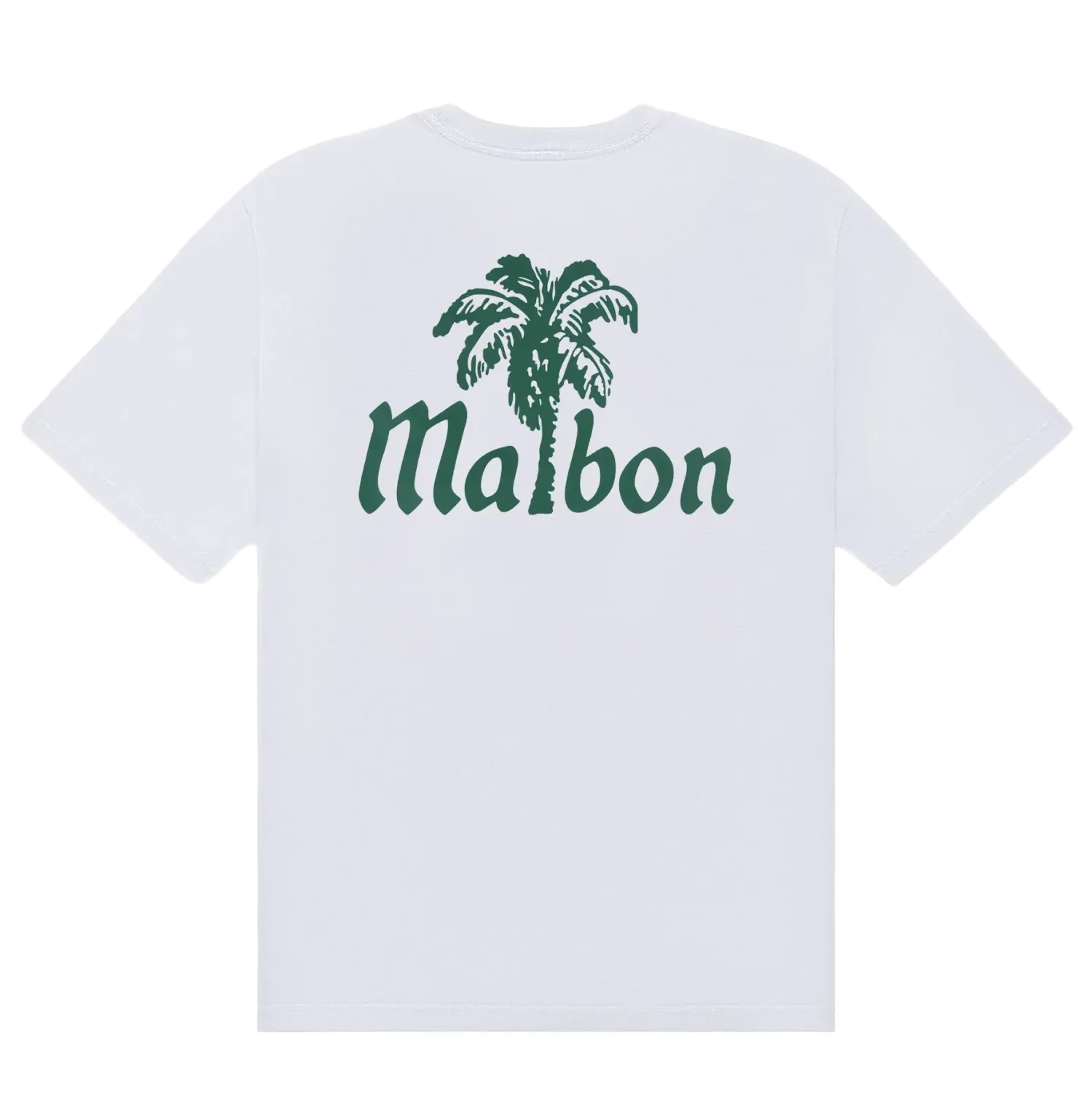 Malbon Golf Bermuda Playa Tee in Bright White shown from the back with green Malbon palm graphic.
