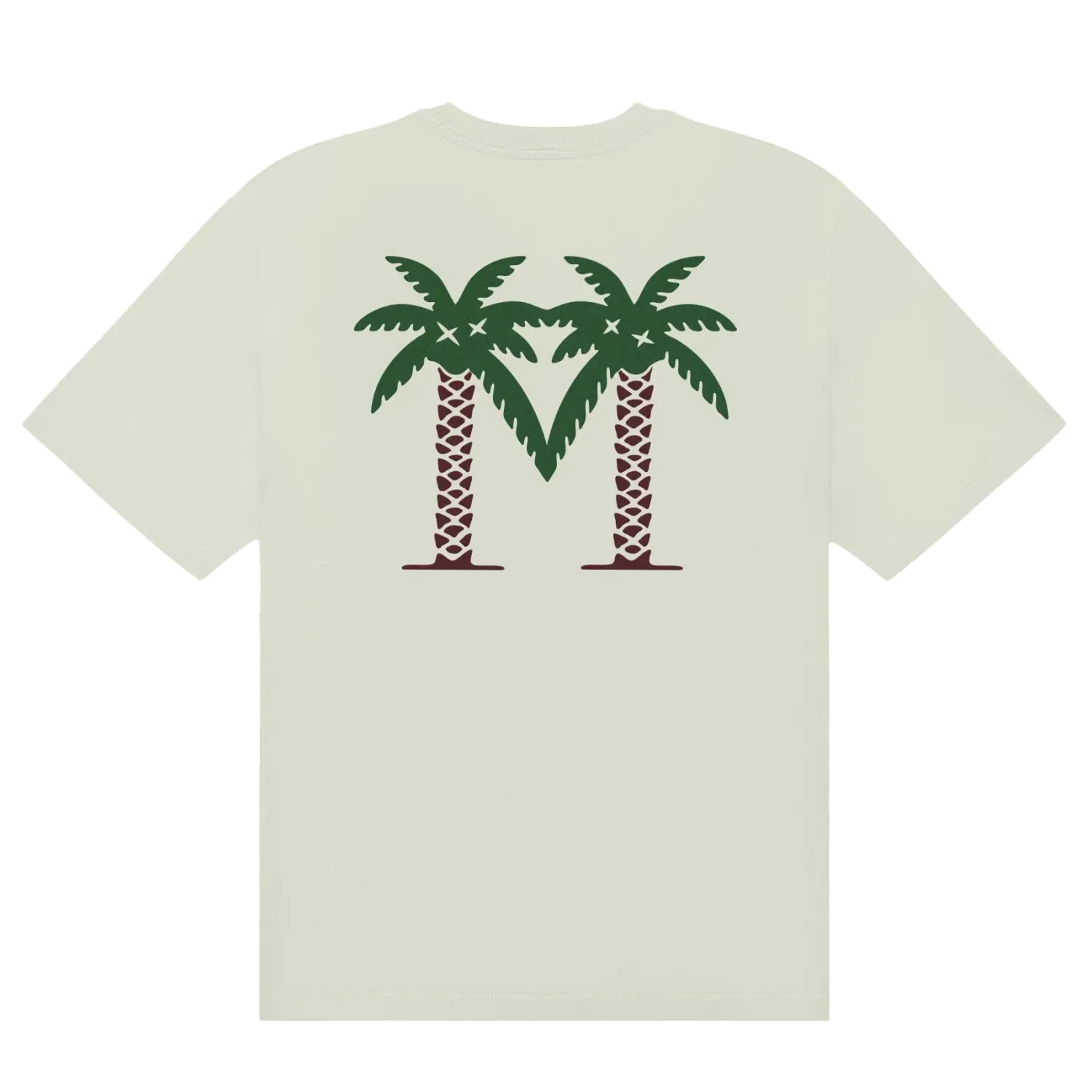 Malbon Golf Bermuda Palms Tee in Green Tint shown from the back with oversized palm tree artwork.