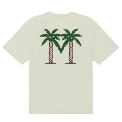 Malbon Golf Bermuda Palms Tee in Green Tint shown from the back with oversized palm tree artwork.
