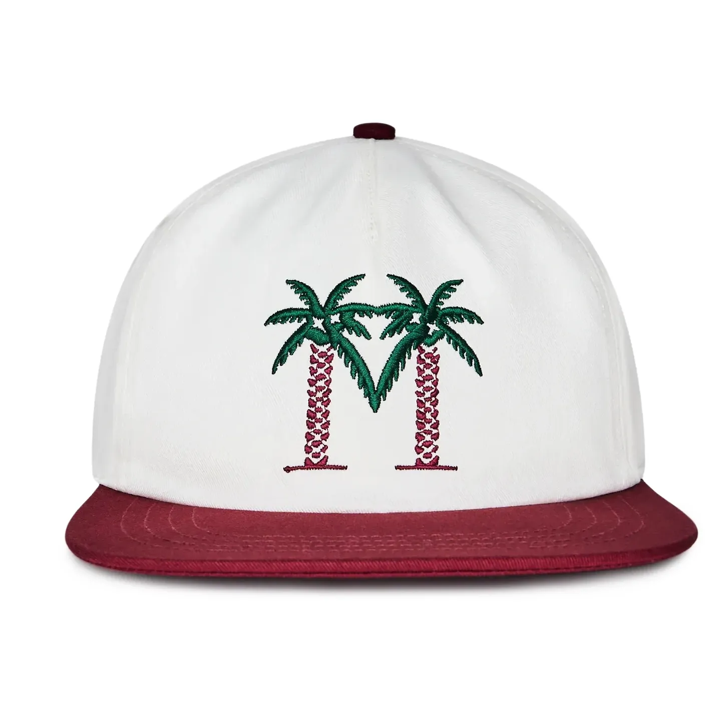 Malbon Golf Palma Drive Snapback Hat front view with tropical palm artwork and flat burgundy brim.