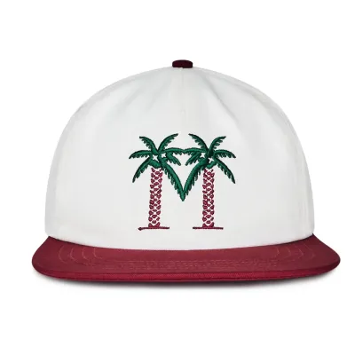 Malbon Golf Palma Drive Snapback Hat front view with tropical palm artwork and flat burgundy brim.