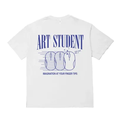 Back view of the Students Golf Art Student Tee with oversized blue Art Student graphic and mouse artwork.