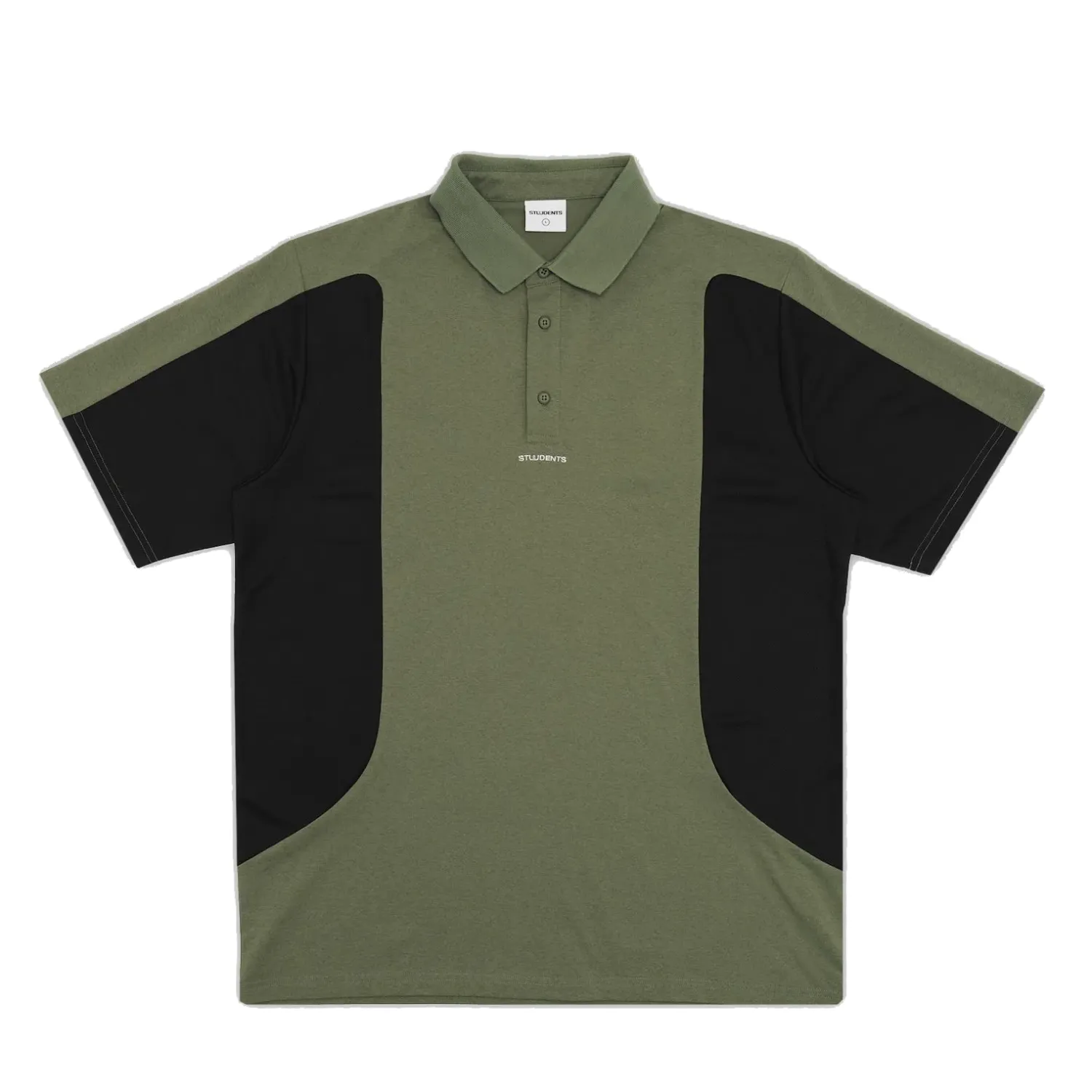 Front view of the Students Golf Ledgewood Polo Shirt in Military with black contrast side panels.