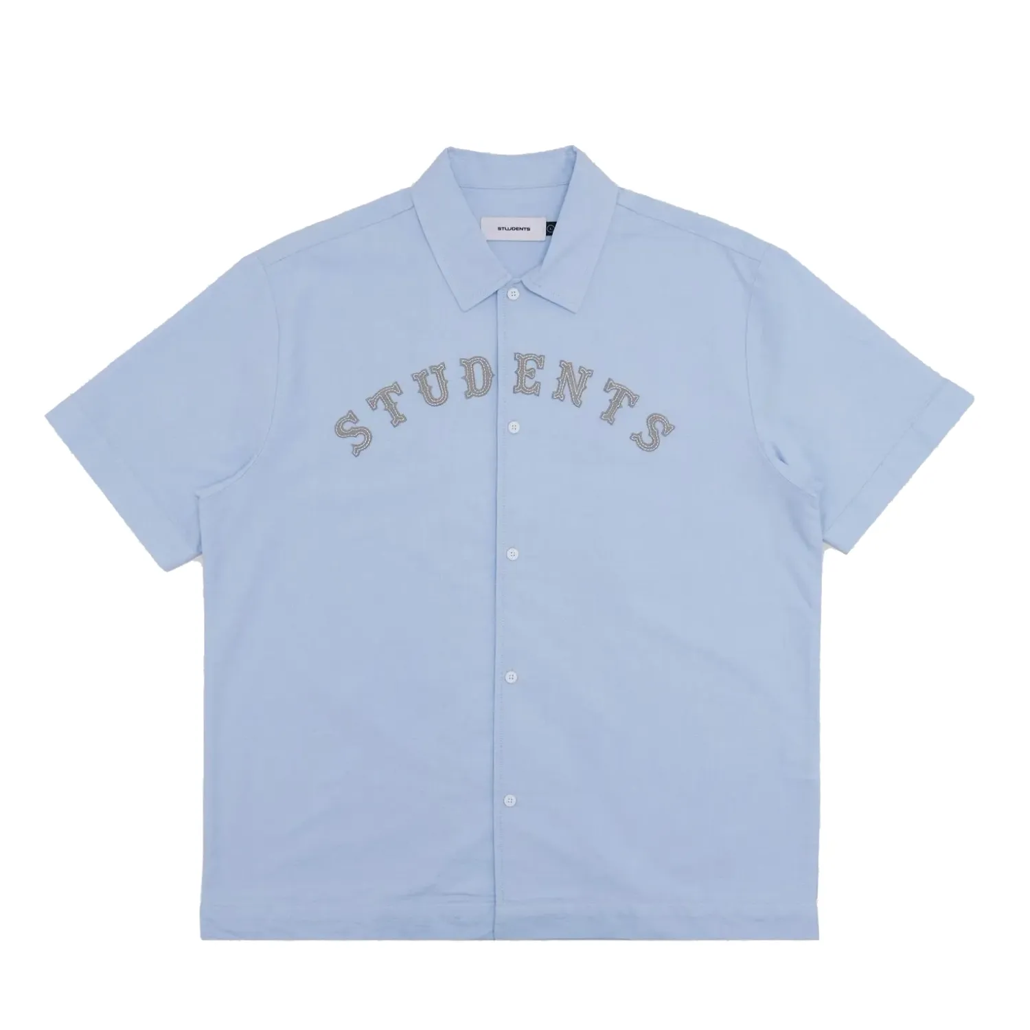 Front view of the Students Golf Crescent Button-Up Shirt in Light Blue with arched Students chest graphic.