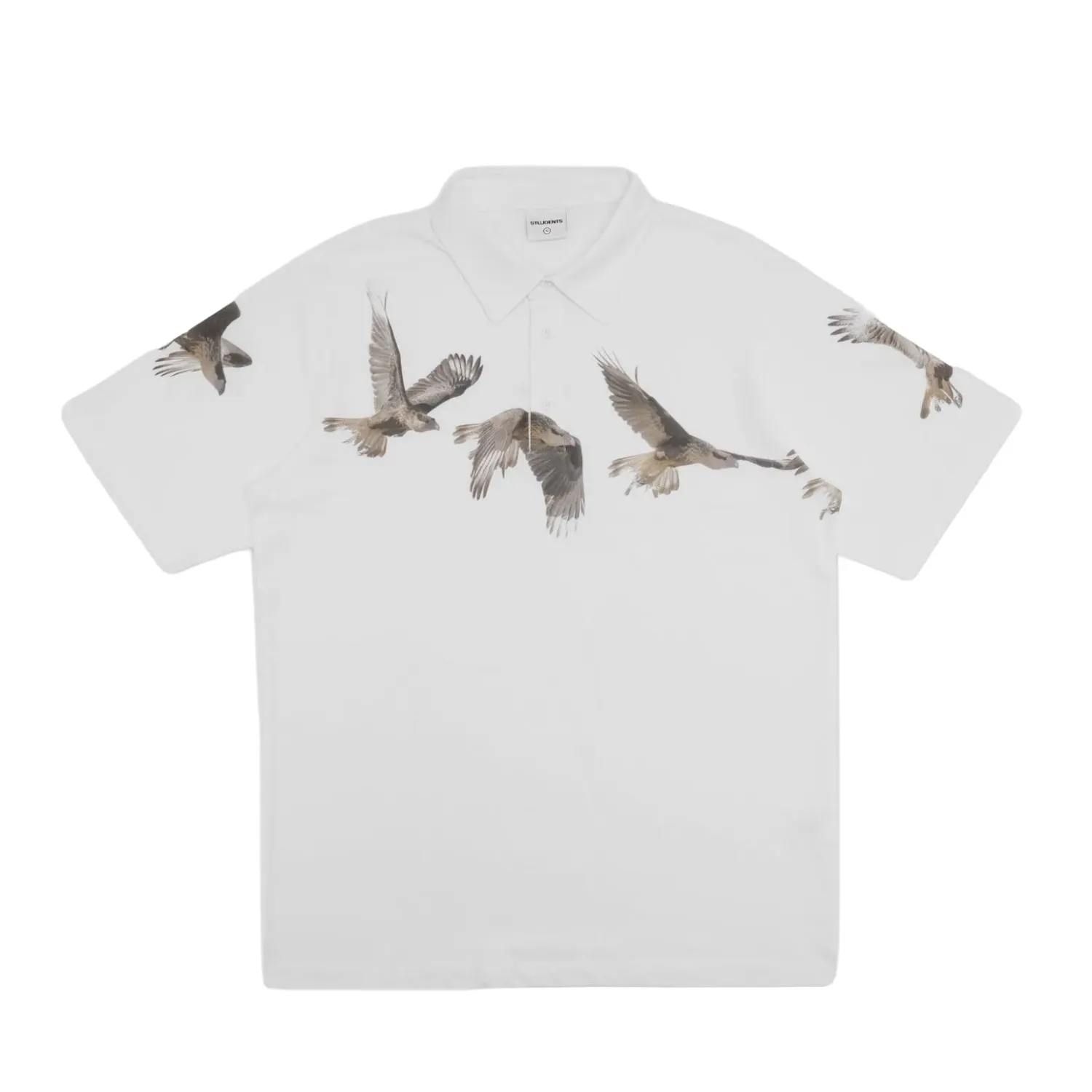 Front view of the Students Golf Mapleton Polo Shirt in White featuring flying bird shoulder graphics.