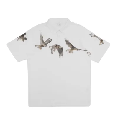 Front view of the Students Golf Mapleton Polo Shirt in White featuring flying bird shoulder graphics.