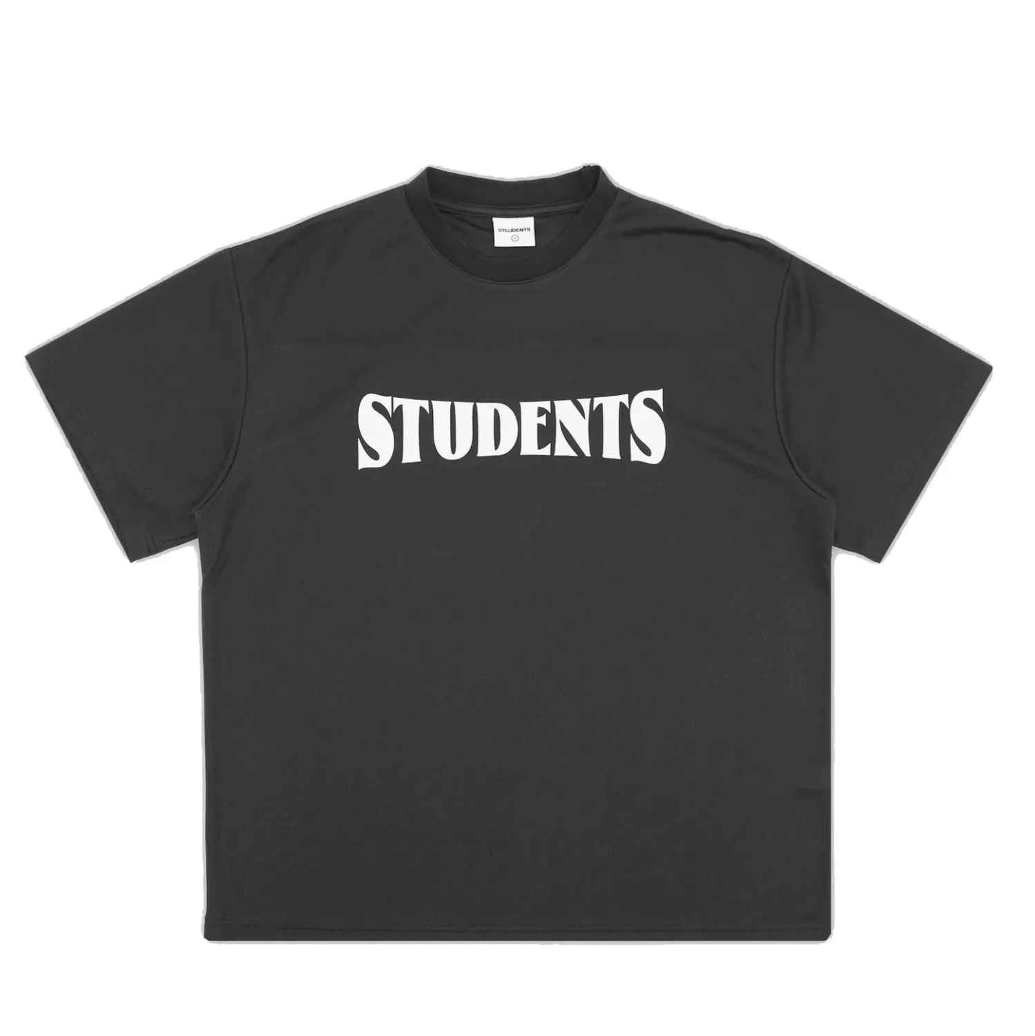 Front view of the Students Golf Oaklawn Mesh Tee in Black with bold Students chest graphic.