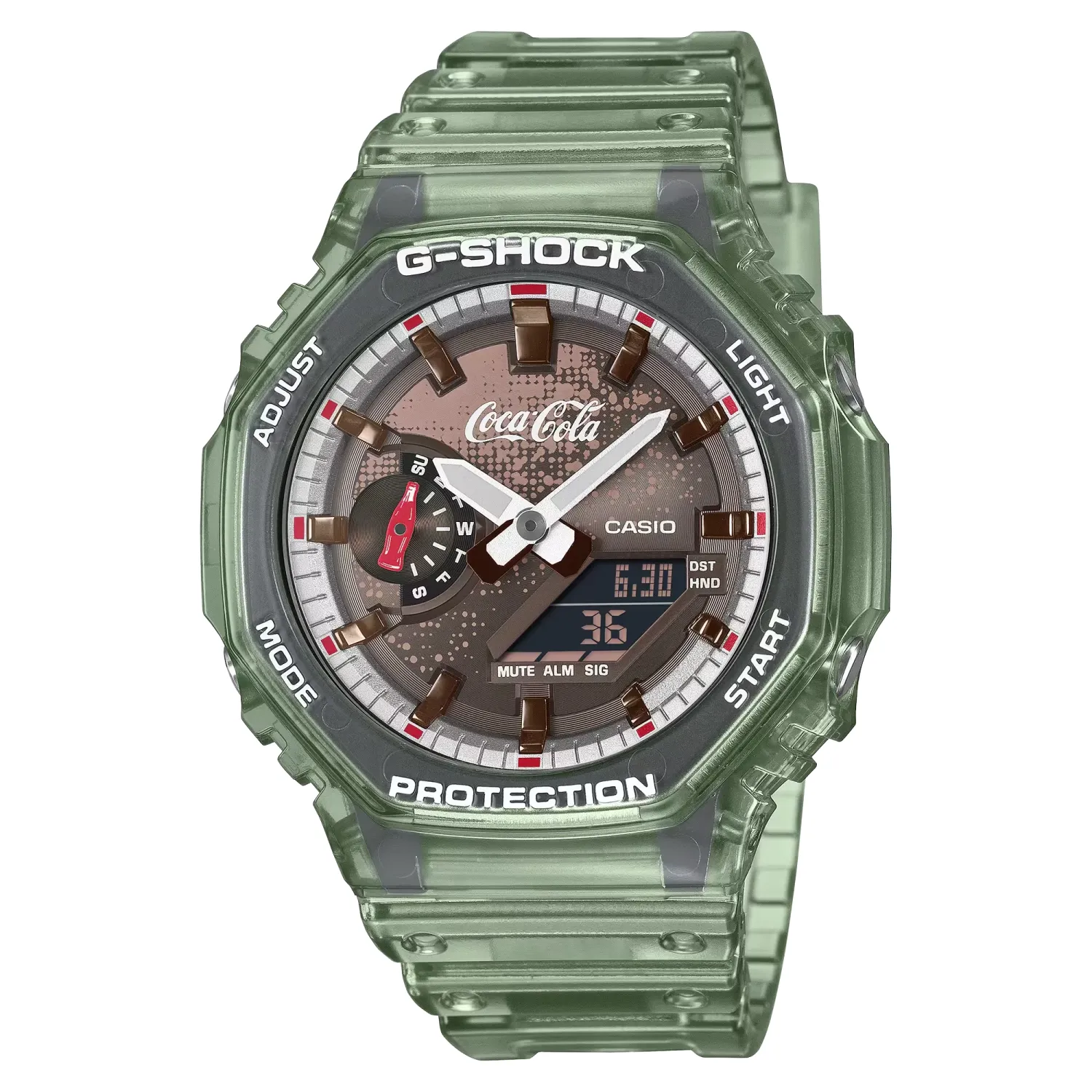 G-SHOCK x Coca-Cola GA2100CC-3A watch in Bottle Green with translucent band and Coca-Cola dial.