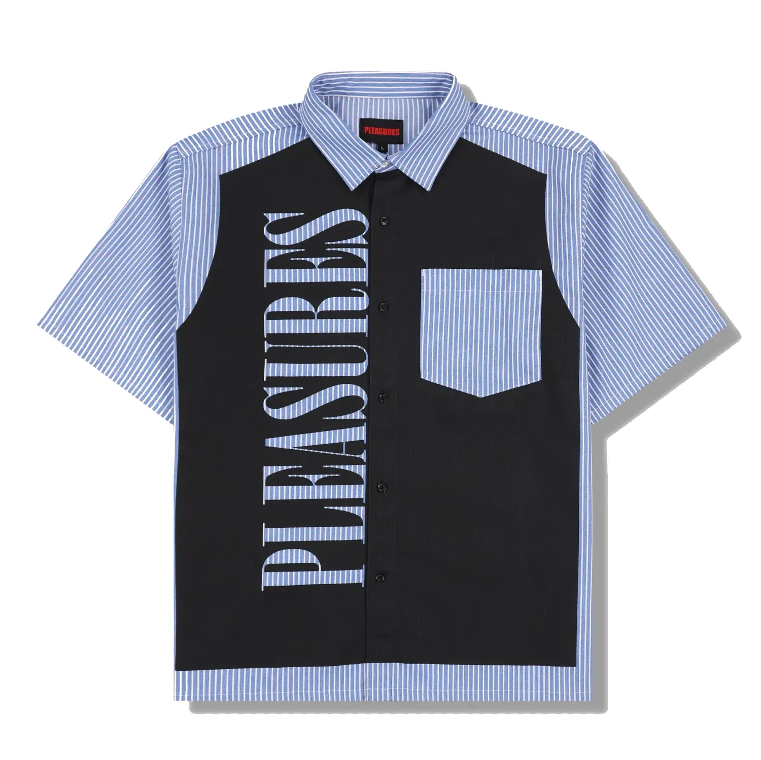 Front view of the Pleasures Onyx Button-Up Shirt with oversized logo graphic and chest pocket.