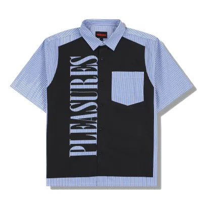 Front view of the Pleasures Onyx Button-Up Shirt with oversized logo graphic and chest pocket.