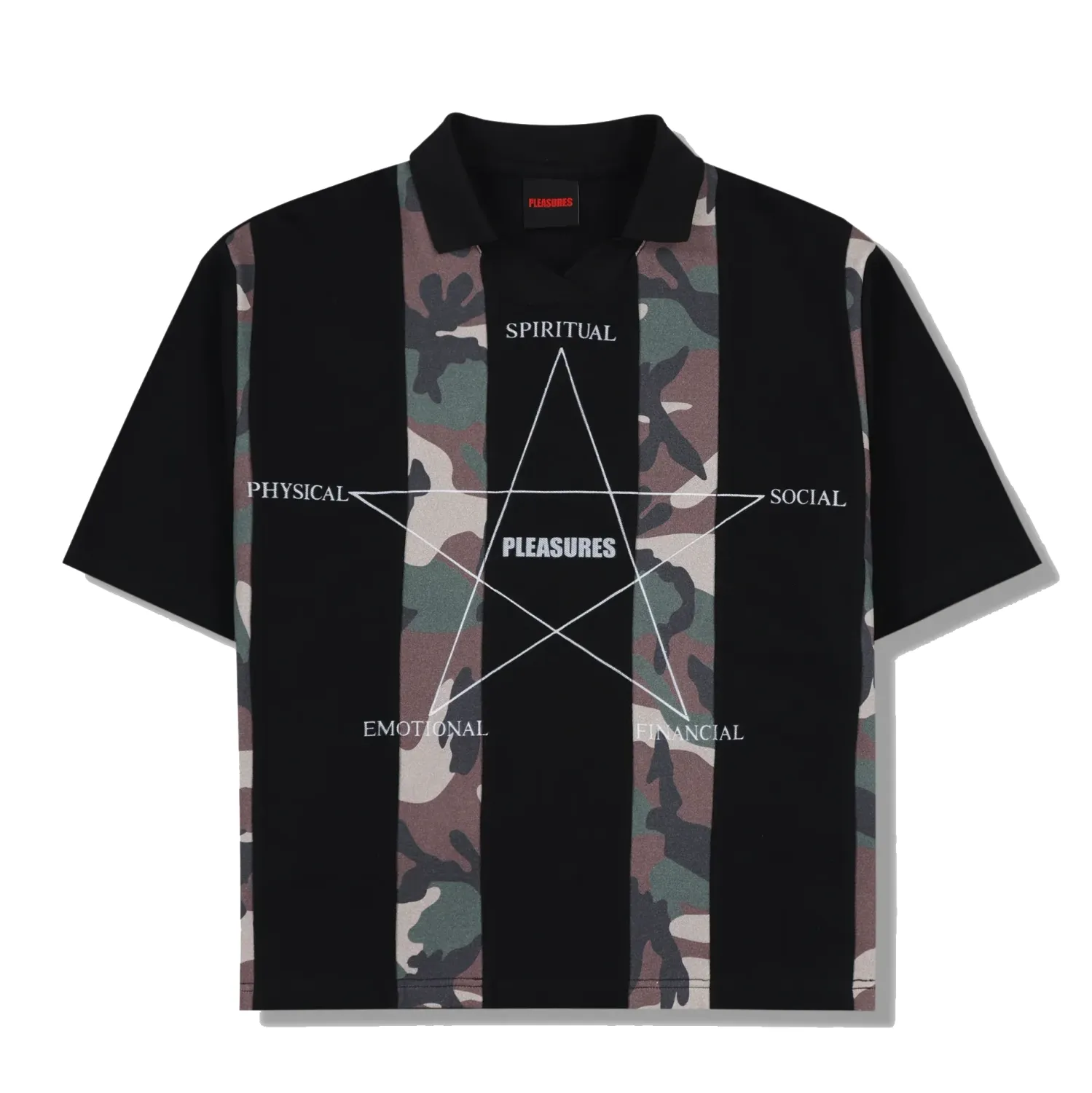 Front view of the Pleasures Social Rugby Polo with camo stripe panels and printed star graphic.