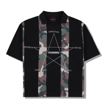 Front view of the Pleasures Social Rugby Polo with camo stripe panels and printed star graphic.