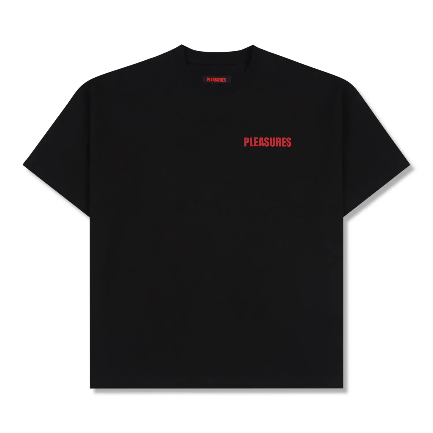 Front view of the Pleasures Impact Heavyweight Tee in Black with red chest logo.