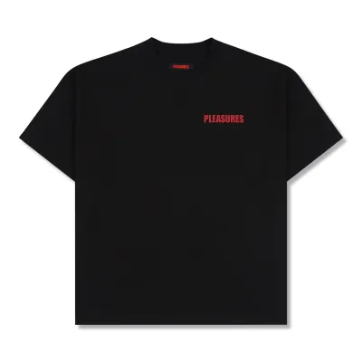 Front view of the Pleasures Impact Heavyweight Tee in Black with red chest logo.