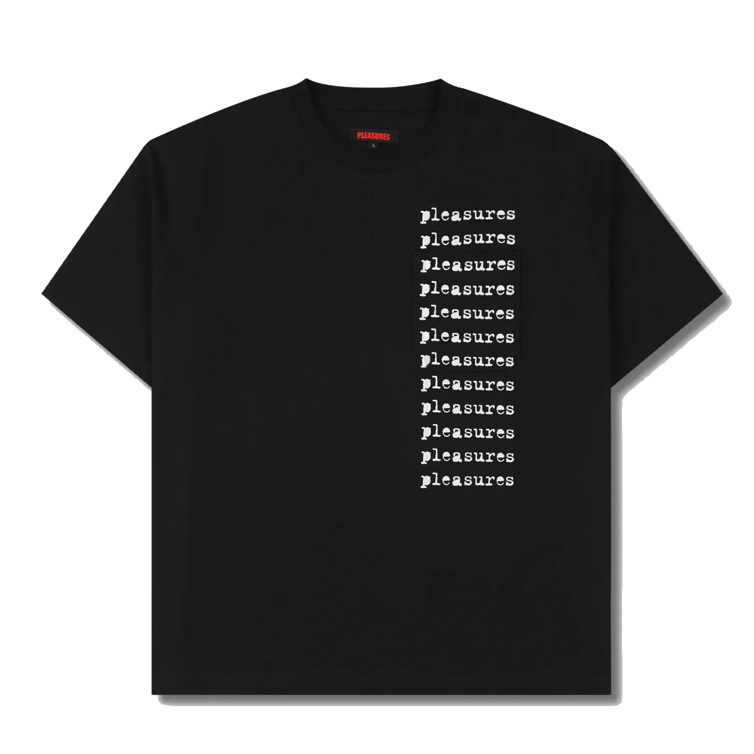 Front view of the Pleasures Slip Pocket Tee in Black with chest pocket and stacked logo print.