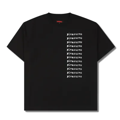 Front view of the Pleasures Slip Pocket Tee in Black with chest pocket and stacked logo print.