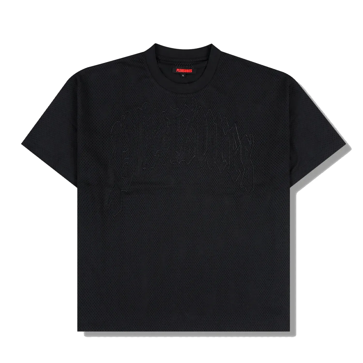 Front flat lay of the Pleasures Twitch Mesh Shirt in Black with tonal embroidered chest logo.